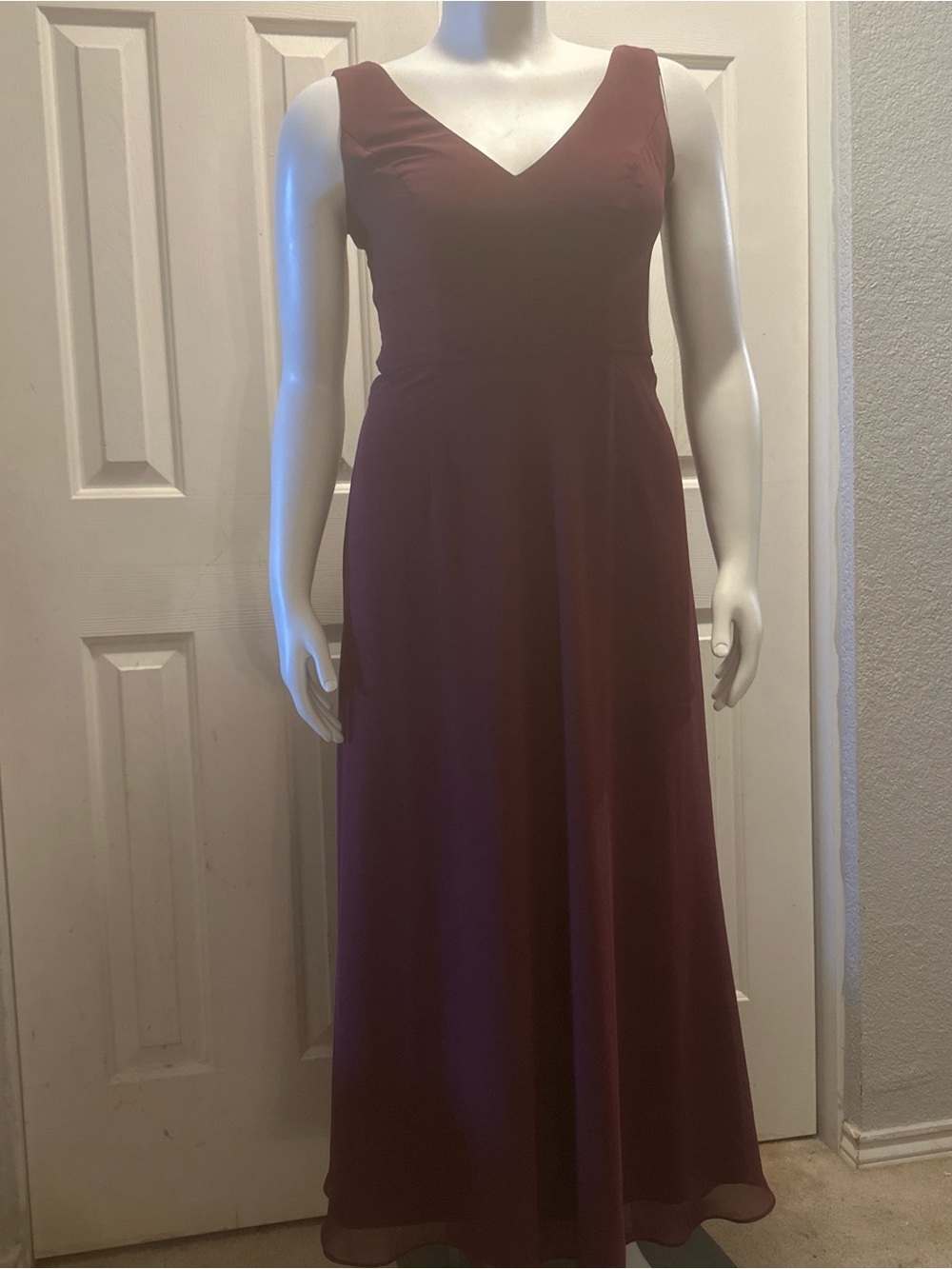 David's Bridal V-Neck Sleeveless Maxi Dress in Burgundy Wine